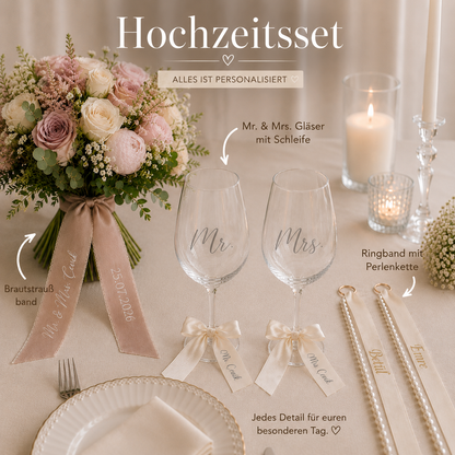 Personalisiertes Hochzeitsset | Brautstrauß-band, Glasschleifen und Ringbänder