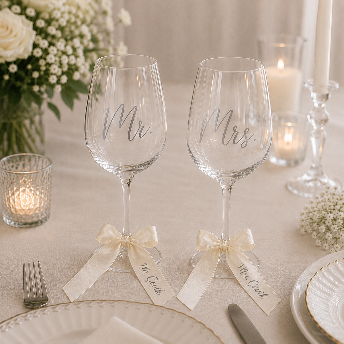 Personalisiertes Hochzeitsset | Brautstrauß-band, Glasschleifen und Ringbänder